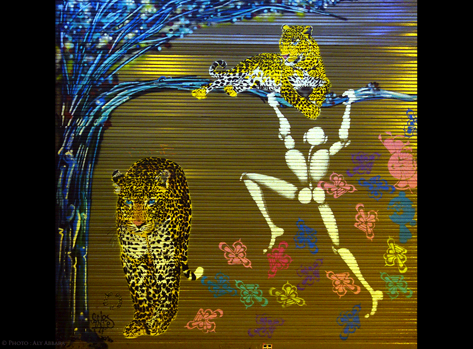 Paris Art urbain mural - Oeuvre signée Mosko - Léopards à Paris