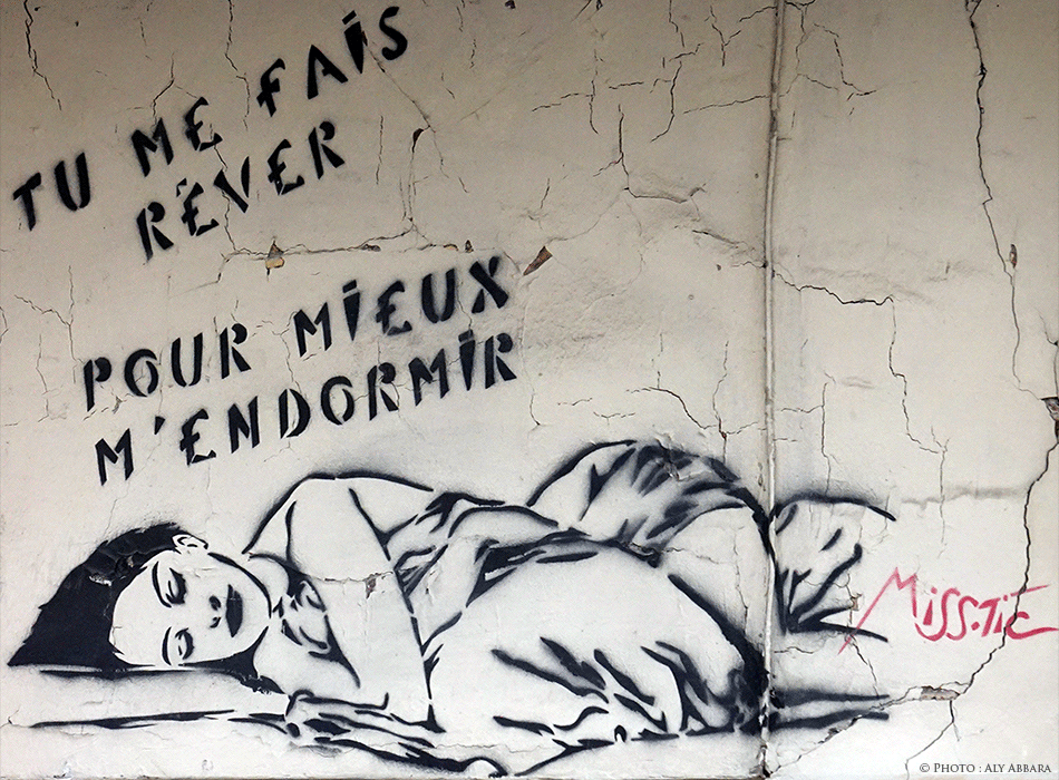 Paris - Art de rue (Street Art - Art urbain mural) - Pochoir mural signé Miss-Tic -  Épigramme (Tu me fait réver pour mieux m'endormir)