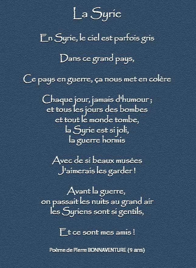 Poème de Pierre Bonnaventure (enfant de 9 ans) pour la Syrie