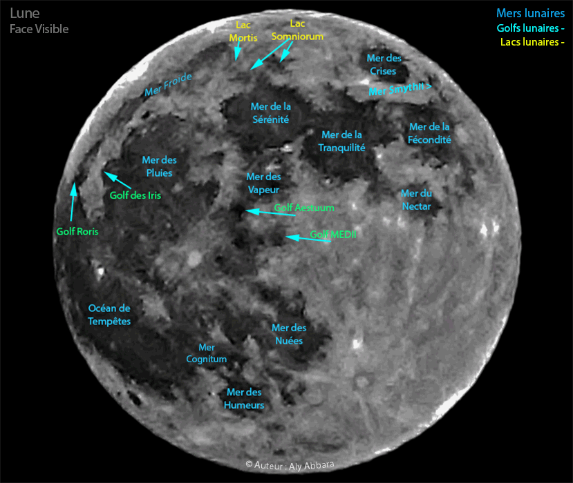 Topographie de la face visible de la lune - Les mers, les golfs et les lacs