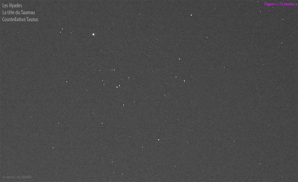 Les Hyades et Aldébaran - Images à 72 étoiles (ciel de Paris) - Amas ouvert d'étoiles de la Constellation Taurus (Taureau)