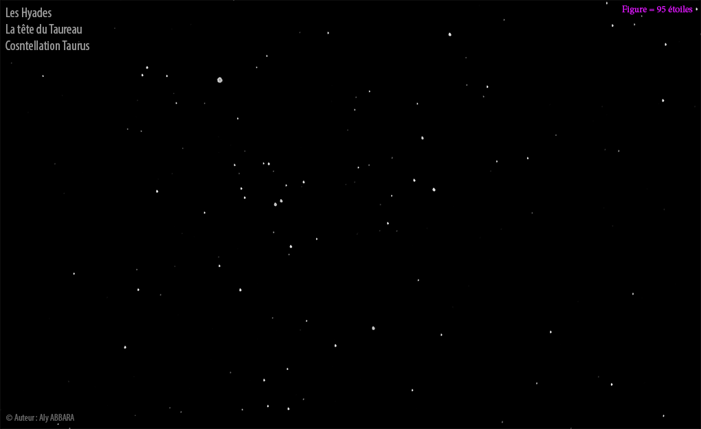 Les Hyades et Aldébaran - Images à 95 étoiles (ciel de Paris) - Amas ouvert d'étoiles de la Constellation Taurus (Taureau)