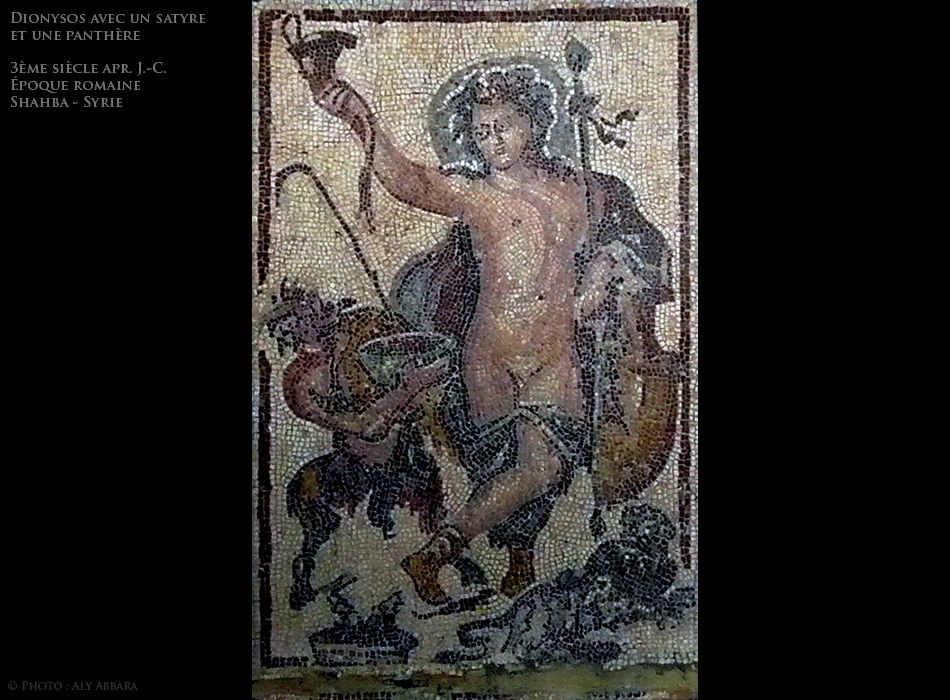 Syrie - Musées de Shahba (شهباء - سوريا) - Dionysos avec un satyre et une panthère - Mosaïque datant du 3ème siècle apr. J.-C. (époque romaine)