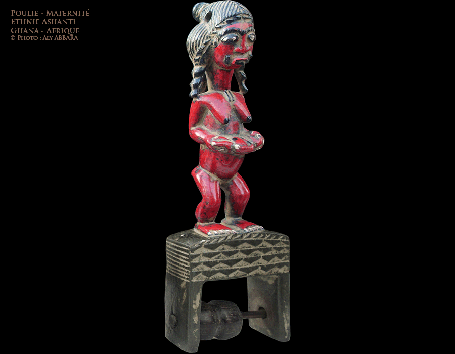 Art africain - Poulie associée à une figurine de Maternité (Mère à l'enfant) - Peuple Ashanti - Ghana