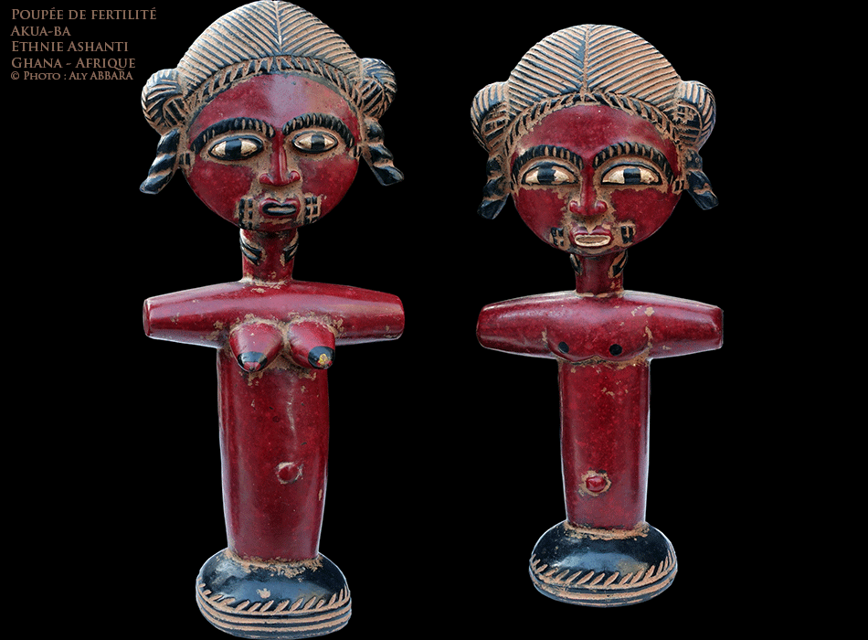 Art africain - deux Poupées de fertilité - Aku-ba polychromes - Peuple Ashanti - Ghana