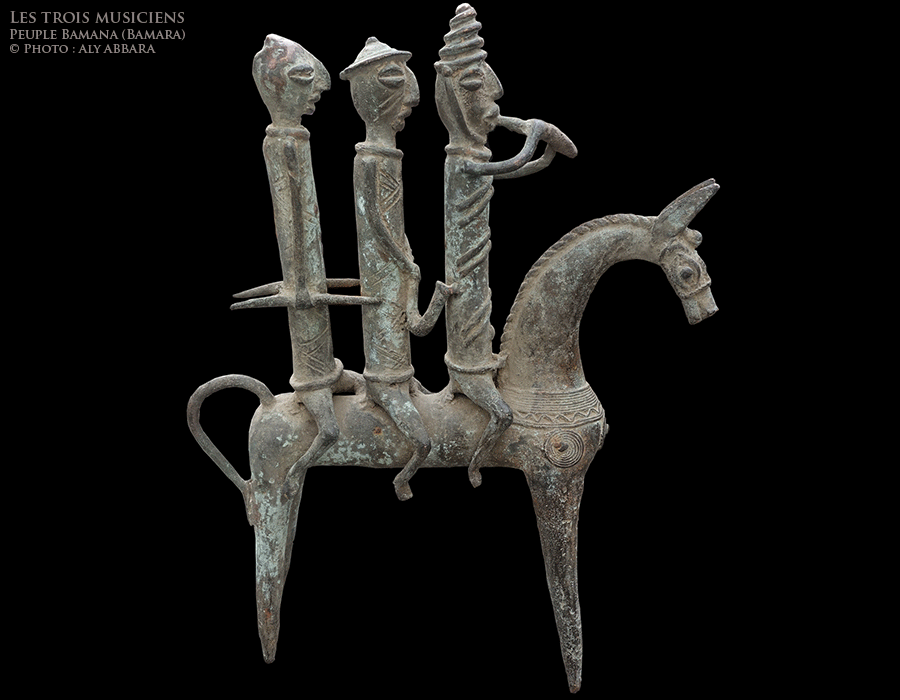 Art africain -  Statue trois musiciens sur un cheval - Peuple Bamana (Bambara) - Mali