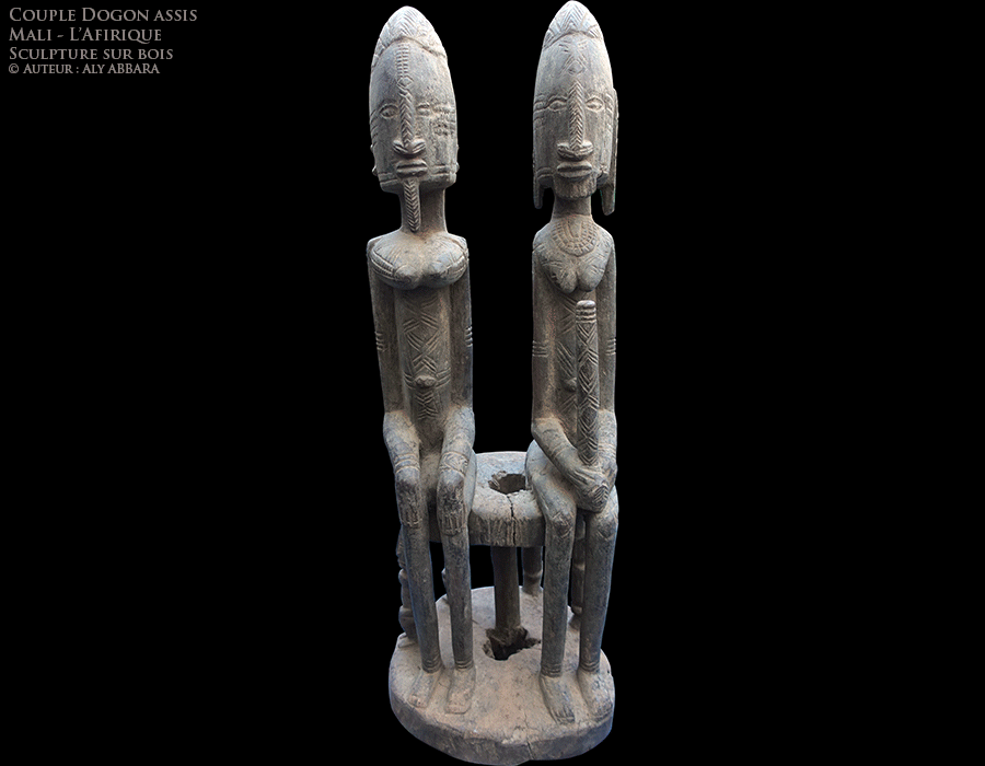 Statue de couple Dogon assis sur un siège aux quatre atlantes - Peuple Dogon - Mali