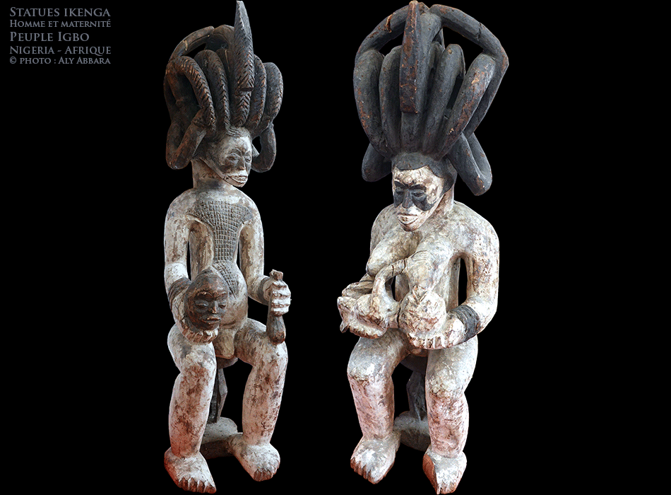 Art africain - Statue ikenga anthropomorphe masculine et maternité - Peuple Igbo - Nigeria