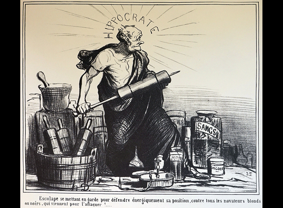 DAUMIER Honoré : Esculape se mettant en garde pour défendre énergiquement sa position, contre tous les novateurs, blonds en noirs