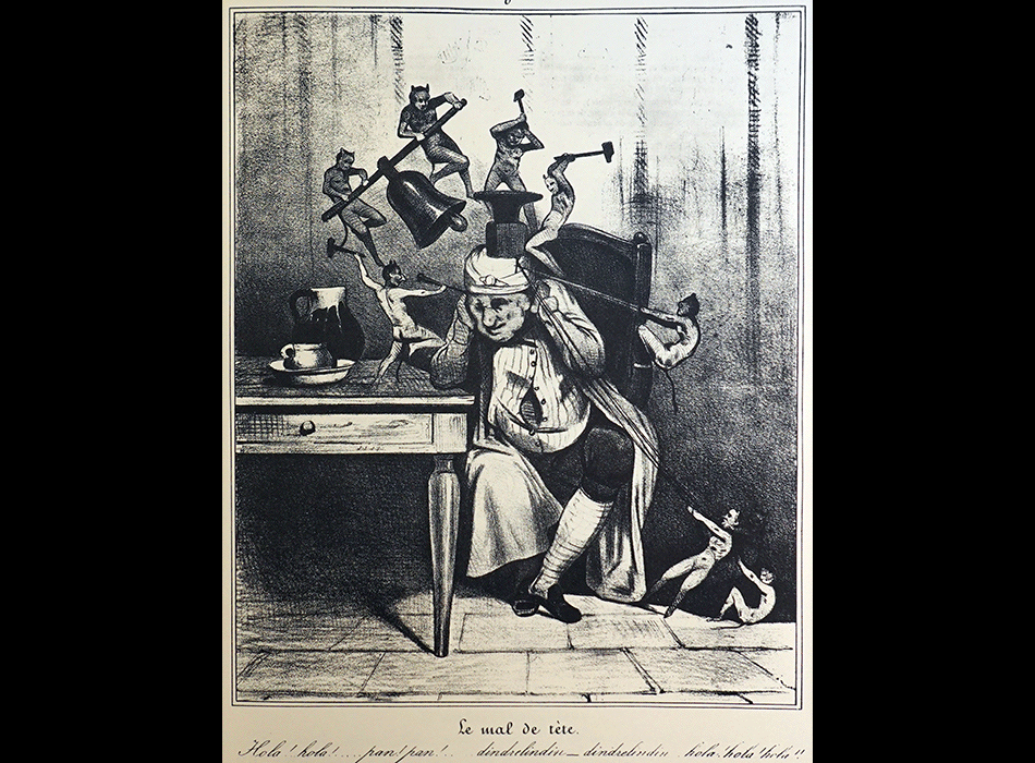 DAUMIER Honoré : Le mal de tête, - Holà ! holà ! ... pan ! pan !