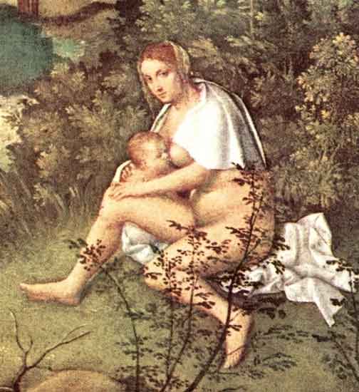Giorgione : l'orage ; détail ; allaitement de Pâris