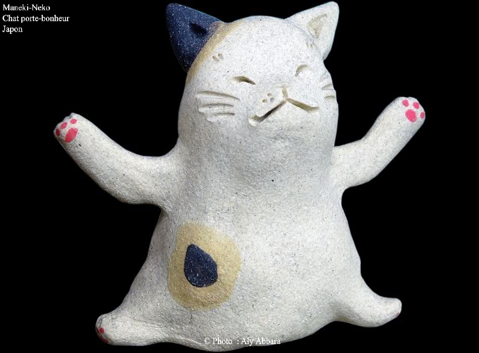 Maneki-Neko en plâtre levant ses deux pattes de devant (version mixte, féminine et masculine) 