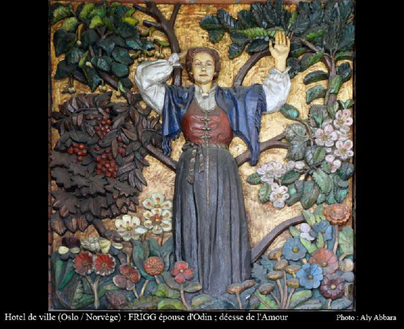 Frigg (Frîja) ; l'épouse favorite d'Odin ; déesse des épouses et des mères ; la terre habitée et cultivée - Mythologie nordique