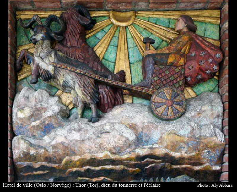 Thor (Tor), le dieu du tonnerre et des éclairs, dieu du ciel : sur son char tiré par deux boucs - Mythologie nordique