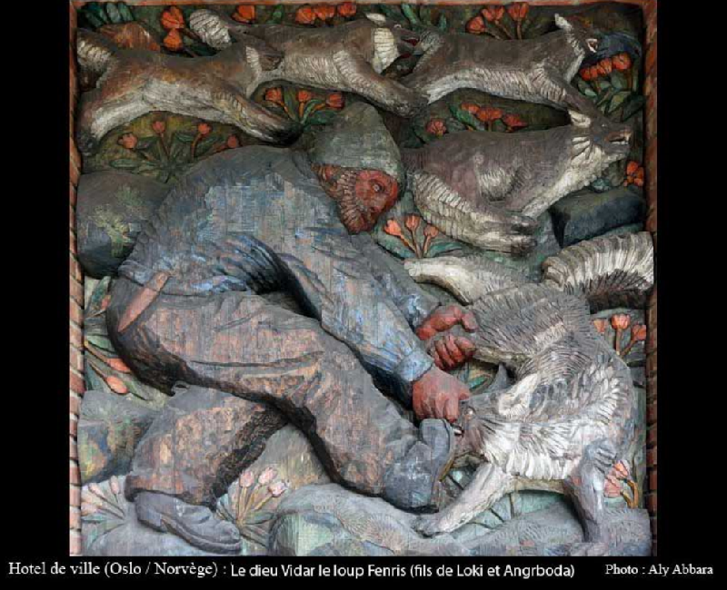 Vidar (le dieu silencieux) tuant le terrible loup Fenrir - Mythologie nordique