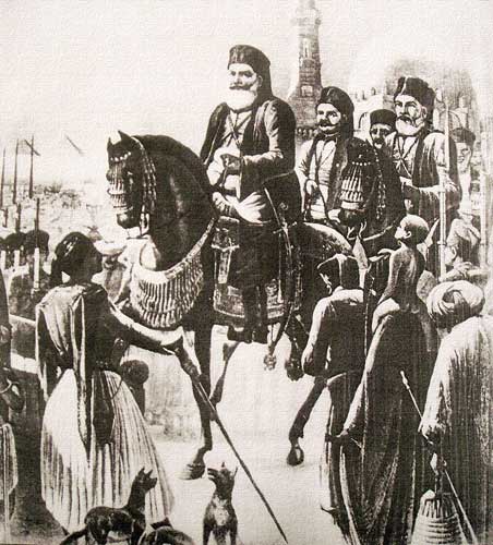 Muhammad Ali Pacha rendre visite à sa nouvelle armée, en arrière on voit son fils Ibrahim Pacha et <<sulayman Pacha le Français, les formateurs et les organisatreurs de cette armée