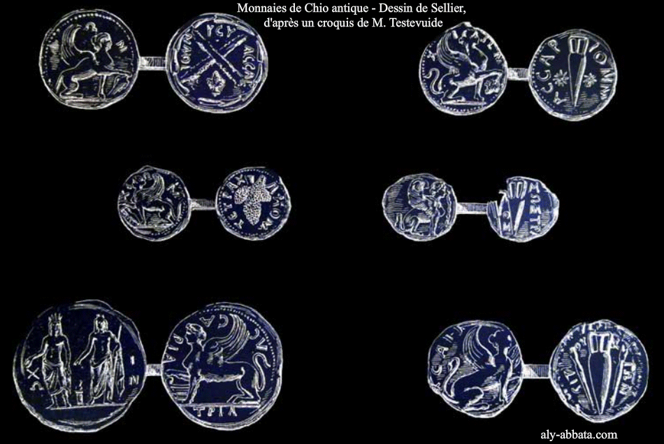 Grèce - Chio - monnaies antiques - Dessin de Sellier, d'après un croquis de M. Testevuide
