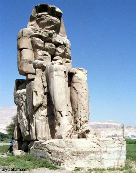 Un des deux colosses représentent 
            le roi Amenhotep III (en grec = Aménophis III) - (1402 - 1364 av.J.-C.) de la XVIII dynastie 
            ; ils ornaient autrefois l'entrée du temple funairaire de ce roi
