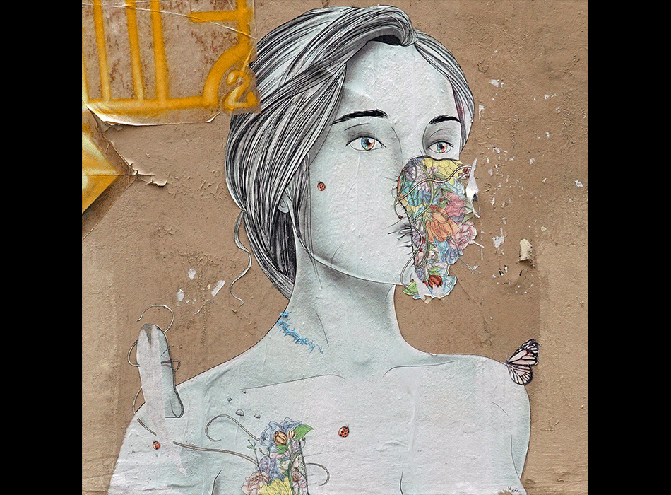 Paris - Art urbain mural - Œuvre non signée - Visage de femme fleuri