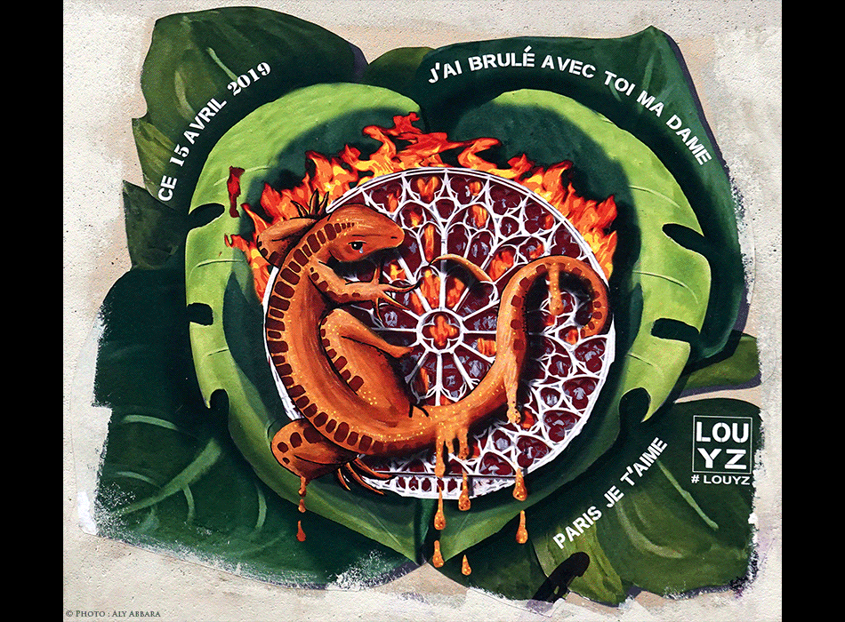 Oeuvre signée Association des Lézarts de la Bièvre - Œuvre signée par Louzy - Ce 15 avril 2019, j'ai brulé avec toi ma Dame ; Paris je t'aime