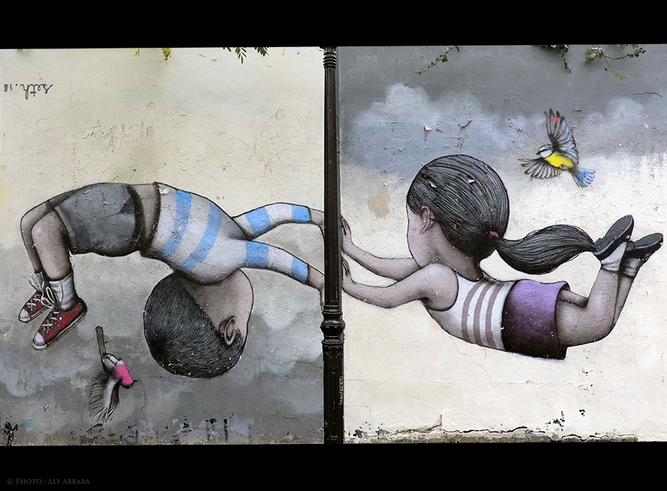 Art mural à Paris - Art Urbain - Seth - Lézarts de la Bièvre - Garçon et fille volant - الفن في الشارع الباريسي