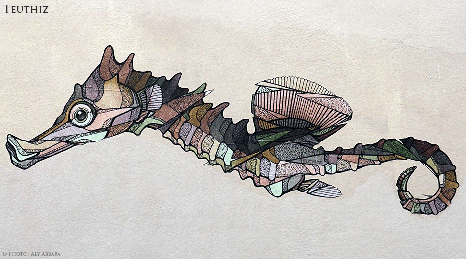 Paris - Art urbain mural - Oeuvre signée Teuthiz - Hippocampe