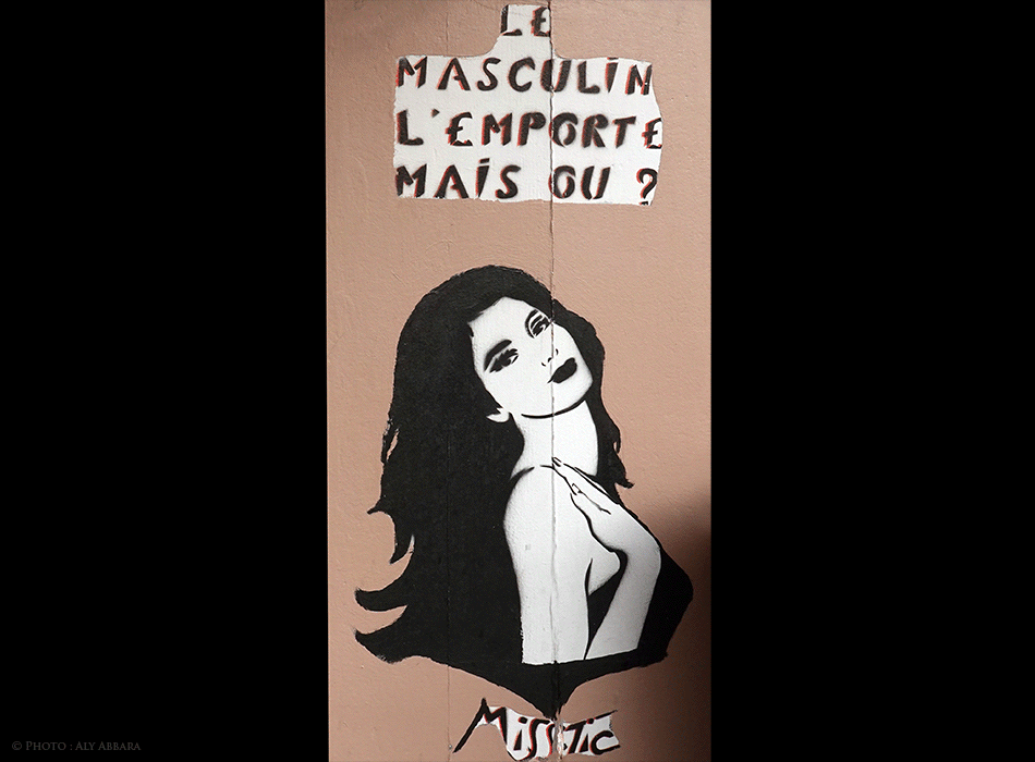 Paris - Art de rue (Street Art - Art urbain mural) - Pochoir mural signé Miss-Tic -  Épigramme (Le masculin l'emporte, mais où ?)