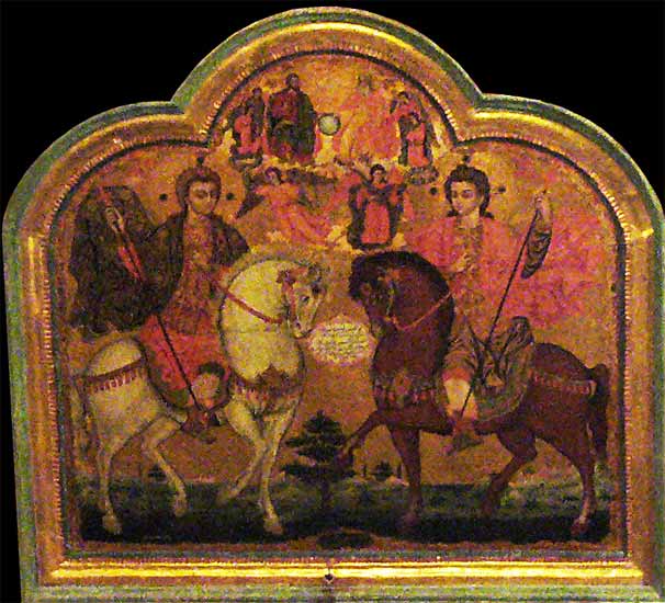 Syrie - Maaloula : le couvent de Mar Sarkis ( Saint-Serge). Une icône représentant les deux Patrons de cet édifice religieux, Saint-Serge (Mar Sarkis) et son compagnon Saint Bacchus ; deux Saint syriens martyrisés à Rassafa (Sergiopolis) dans la Mésopotamie syrienne. en 305 ap.J.-C. 