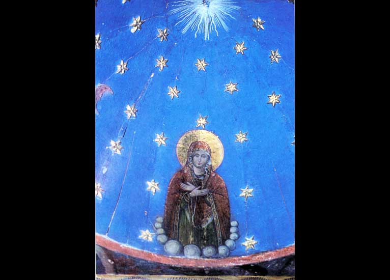 Syrie - Maaloula : le couvent de Mar Sarkis ( Saint-Serge) . Le dôme de l'église : une fresque présentant la Vierge Marie