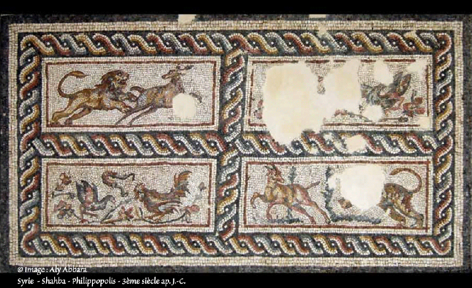 Mosaïque de Shahba - Un lion poursuivant un cerf - oiseaux